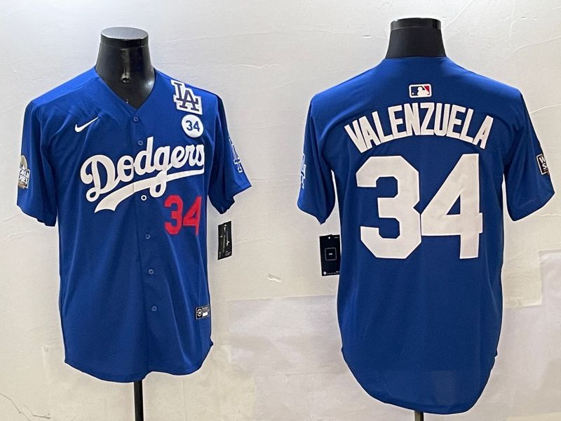 Men Los Angeles Dodgers 34 Valenzuela Blue White Fashion Game 2025 Nike MLB Jersey style 3261